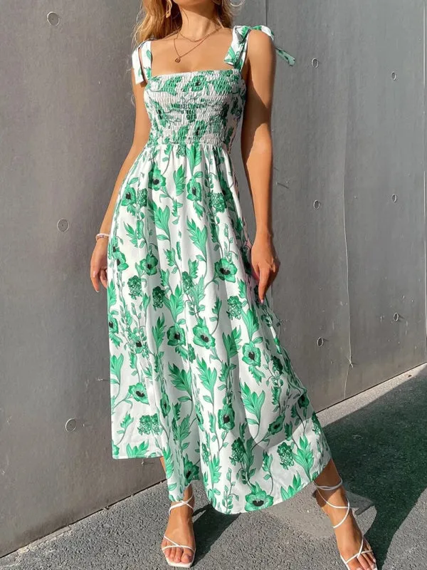 Floral Print Maxi Dress with Smocked Bodice and Tie-Up Straps