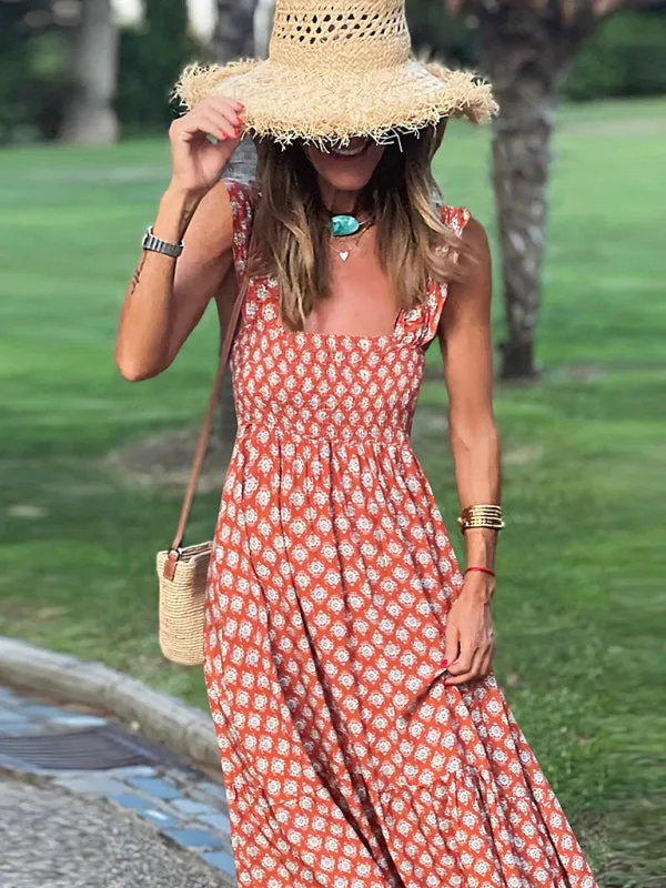 Floral Print Maxi Dress with Smocked Bodice