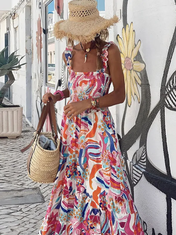 Floral Print Maxi Dress with Smocked Bodice