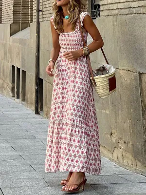 Floral Print Maxi Dress with Smocked Bodice