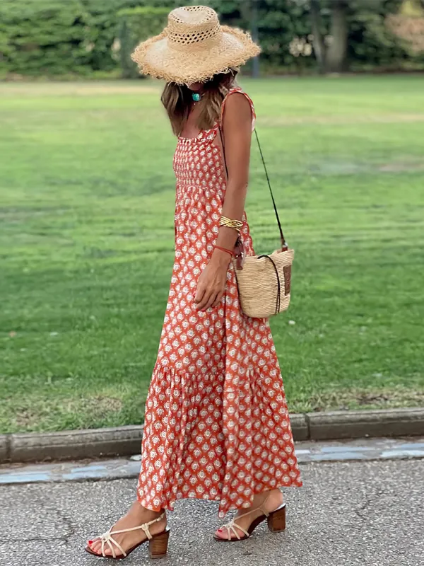 Floral Print Maxi Dress with Smocked Bodice