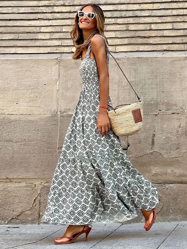 Floral Print Maxi Dress with Smocked Bodice