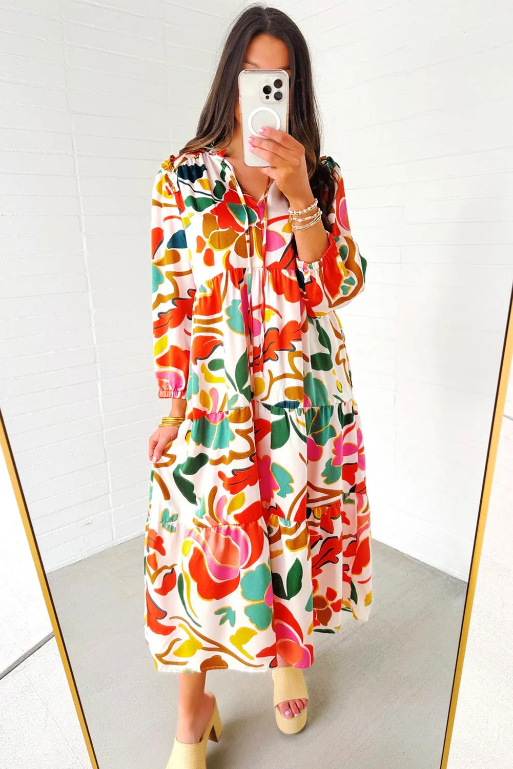Floral Print Maxi Dress with Split V Neck and Tiered Design