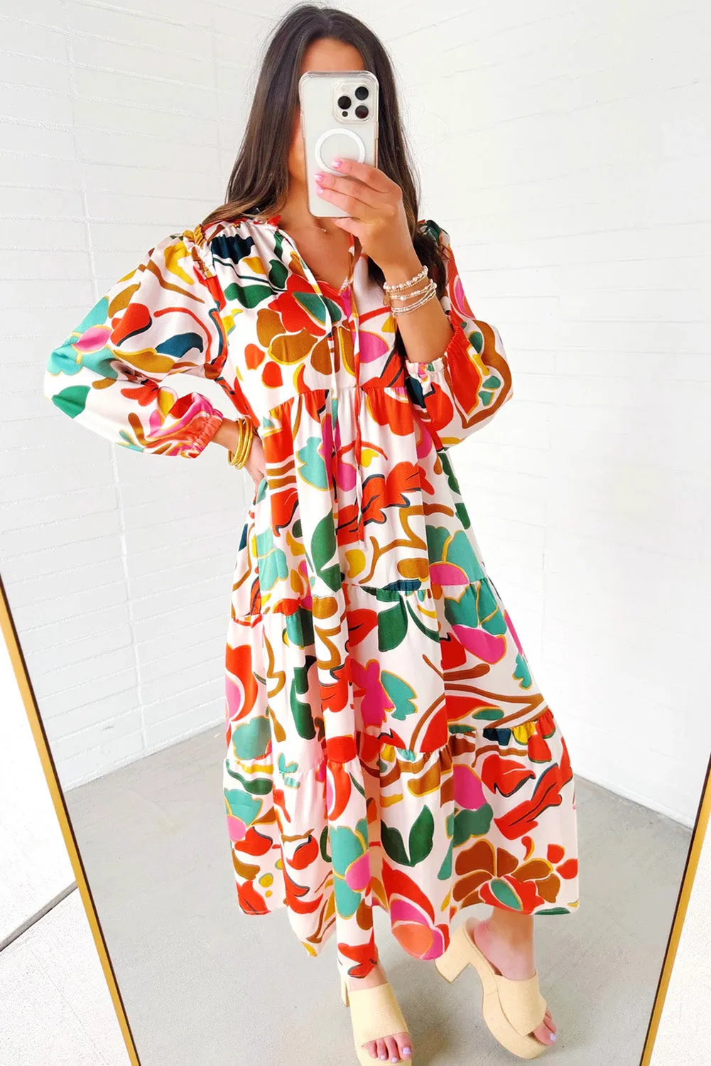 Floral Print Maxi Dress with Split V Neck and Tiered Design
