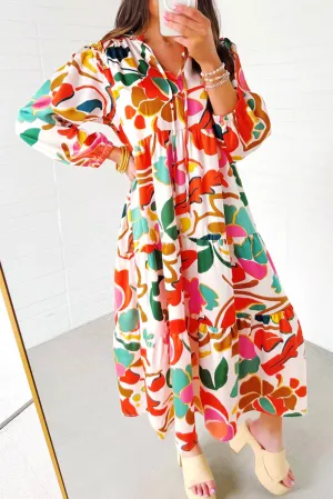 Floral Print Maxi Dress with Split V Neck and Tiered Design