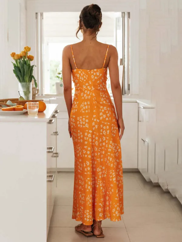 Floral Print Maxi Dress with V-Neck and Backless Design