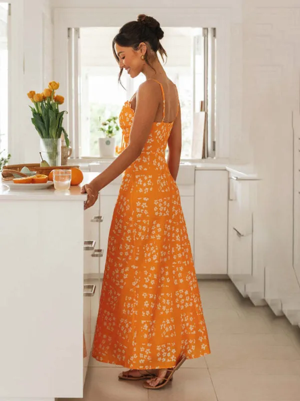 Floral Print Maxi Dress with V-Neck and Backless Design
