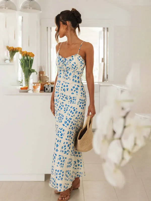 Floral Print Maxi Dress with V-Neck and Backless Design