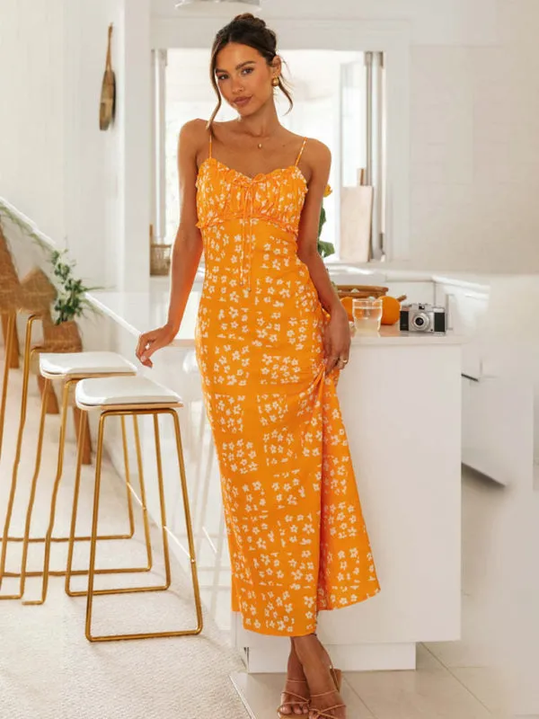 Floral Print Maxi Dress with V-Neck and Backless Design