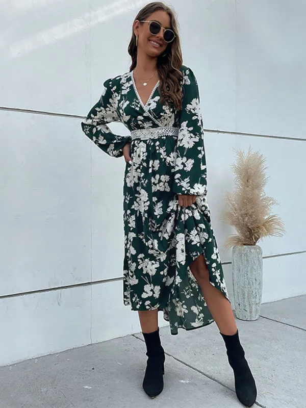 Floral Print Midi Dress with Lace Trim and Ruffled Hem