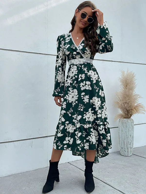 Floral Print Midi Dress with Lace Trim and Ruffled Hem