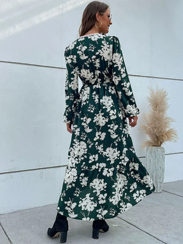 Floral Print Midi Dress with Lace Trim and Ruffled Hem