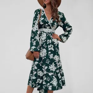 Floral Print Midi Dress with Lace Trim and Ruffled Hem