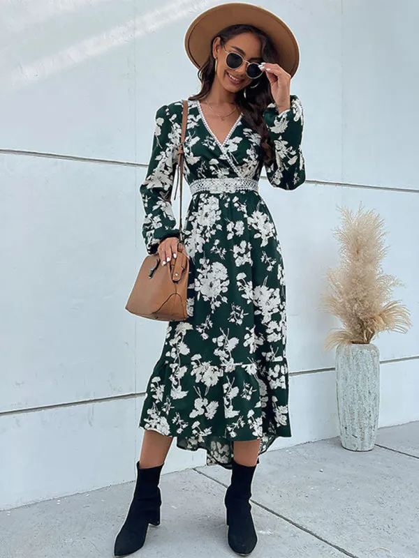 Floral Print Midi Dress with Lace Trim and Ruffled Hem