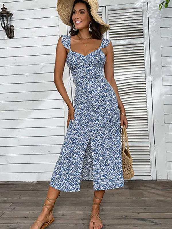Floral Print Midi Dress with Ruffled Shoulder Straps
