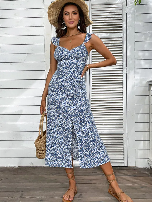 Floral Print Midi Dress with Ruffled Shoulder Straps
