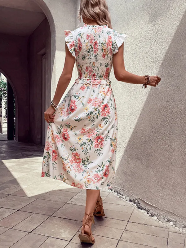 Floral Print Midi Dress with Ruffled Sleeves and Front Slit