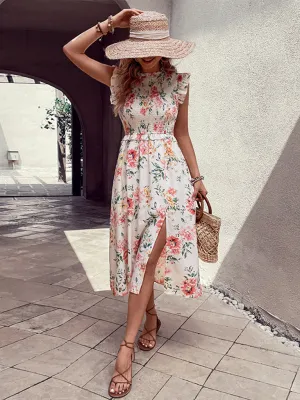 Floral Print Midi Dress with Ruffled Sleeves and Front Slit