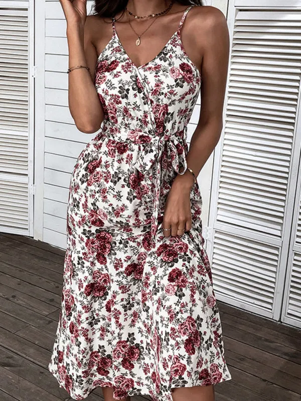 Floral Print Midi Dress with Spaghetti Straps and Tie Waist
