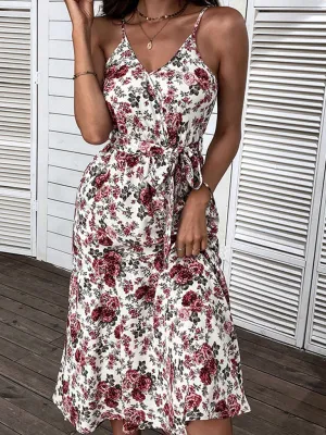 Floral Print Midi Dress with Spaghetti Straps and Tie Waist