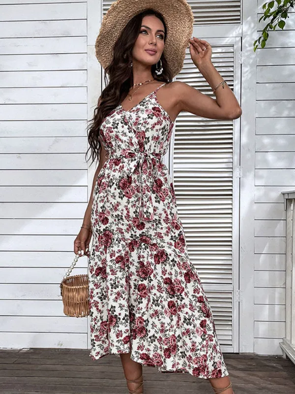 Floral Print Midi Dress with Spaghetti Straps and Tie Waist
