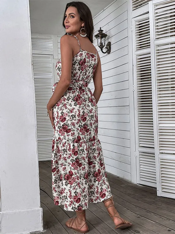Floral Print Midi Dress with Spaghetti Straps and Tie Waist