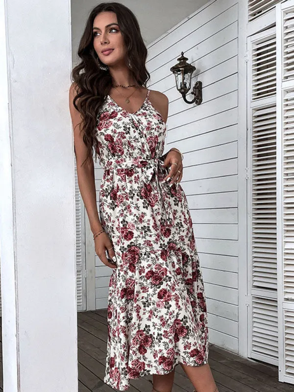 Floral Print Midi Dress with Spaghetti Straps and Tie Waist