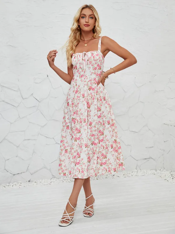 Floral Print Midi Dress with Square Neckline and Front Tie Detail