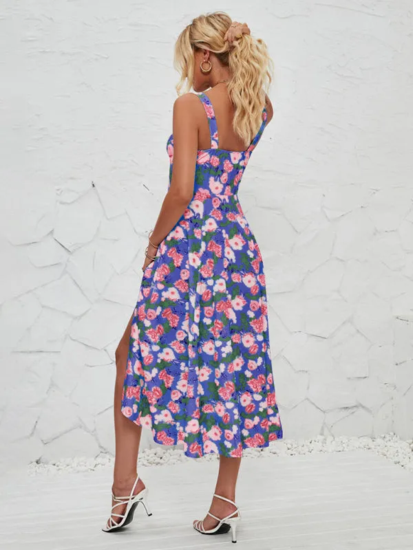 Floral Print Midi Dress with Square Neckline and Front Tie Detail