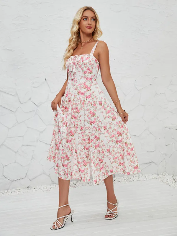 Floral Print Midi Dress with Square Neckline and Front Tie Detail
