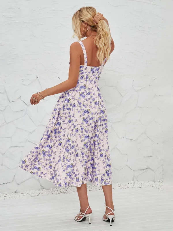 Floral Print Midi Dress with Square Neckline and Front Tie Detail