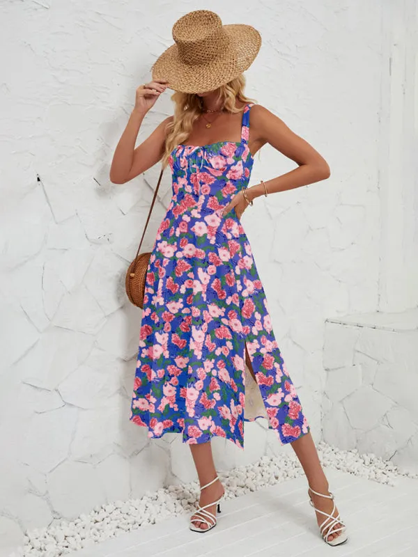 Floral Print Midi Dress with Square Neckline and Front Tie Detail