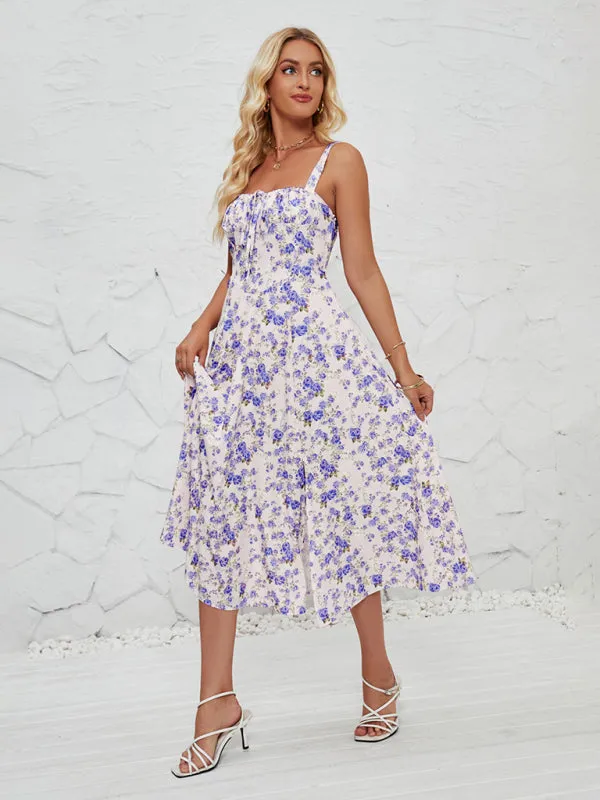 Floral Print Midi Dress with Square Neckline and Front Tie Detail