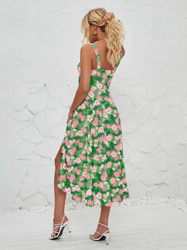 Floral Print Midi Dress with Square Neckline and Front Tie Detail