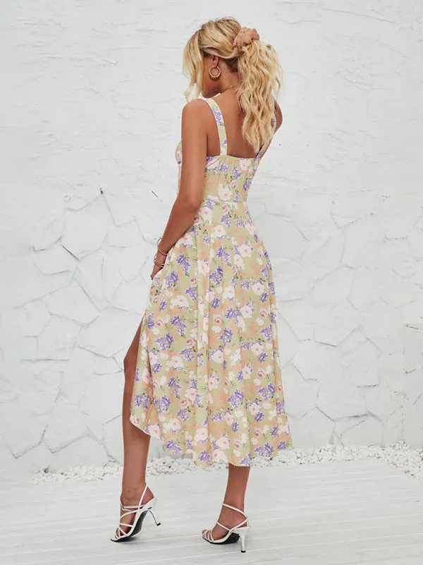 Floral Print Midi Dress with Square Neckline and Front Tie Detail