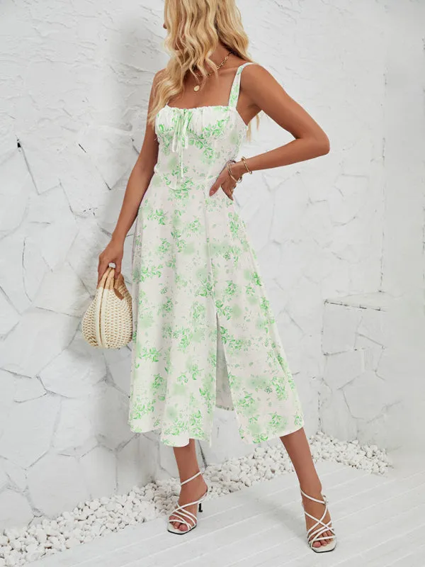 Floral Print Midi Dress with Square Neckline and Front Tie Detail