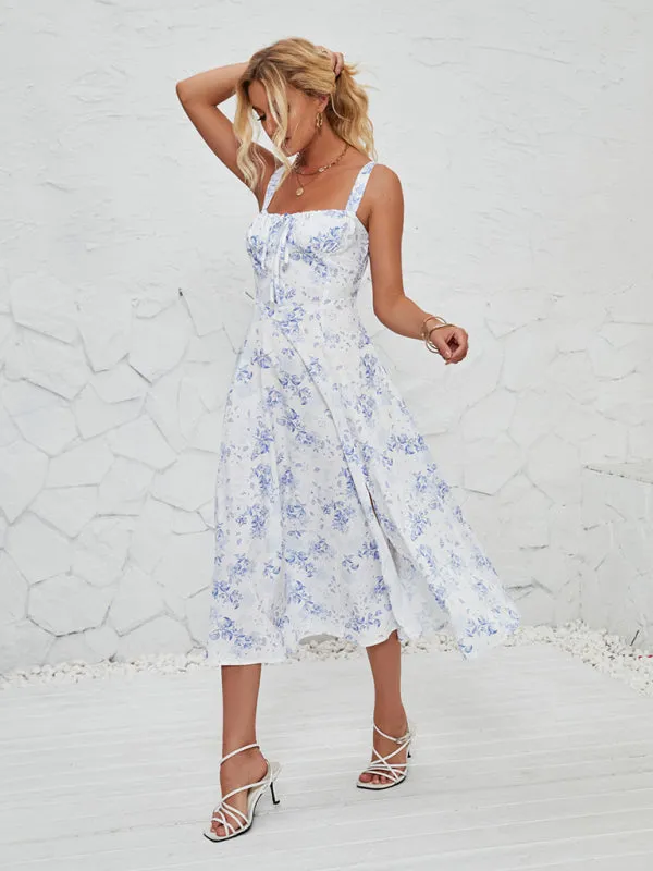 Floral Print Midi Dress with Square Neckline and Front Tie Detail