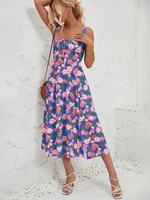 Floral Print Midi Dress with Square Neckline and Front Tie Detail