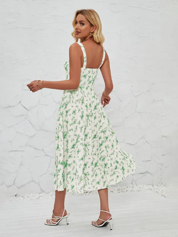 Floral Print Midi Dress with Square Neckline and Front Tie Detail