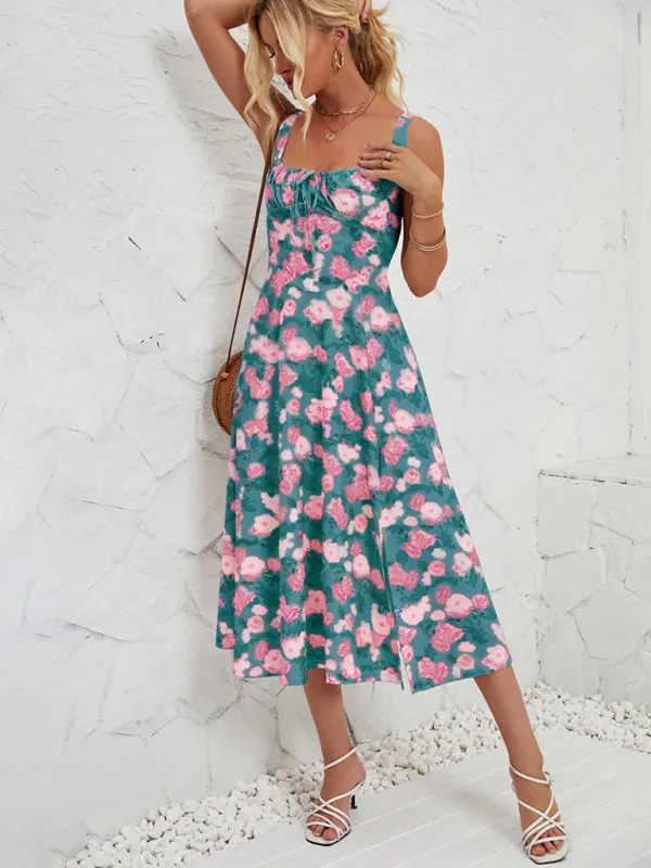 Floral Print Midi Dress with Square Neckline and Front Tie Detail