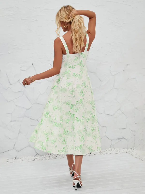 Floral Print Midi Dress with Square Neckline and Front Tie Detail