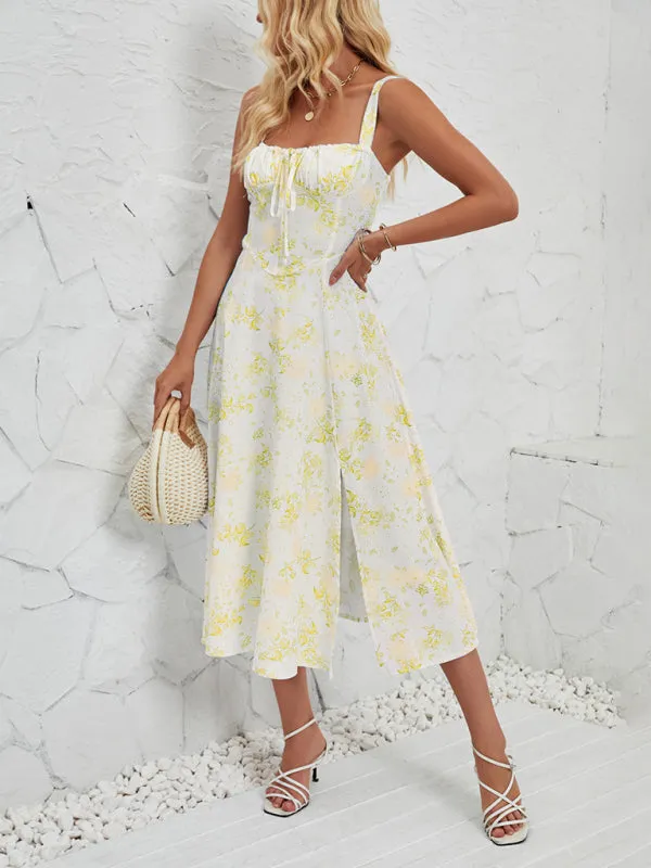 Floral Print Midi Dress with Square Neckline and Front Tie Detail