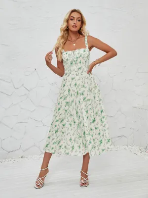 Floral Print Midi Dress with Square Neckline and Front Tie Detail