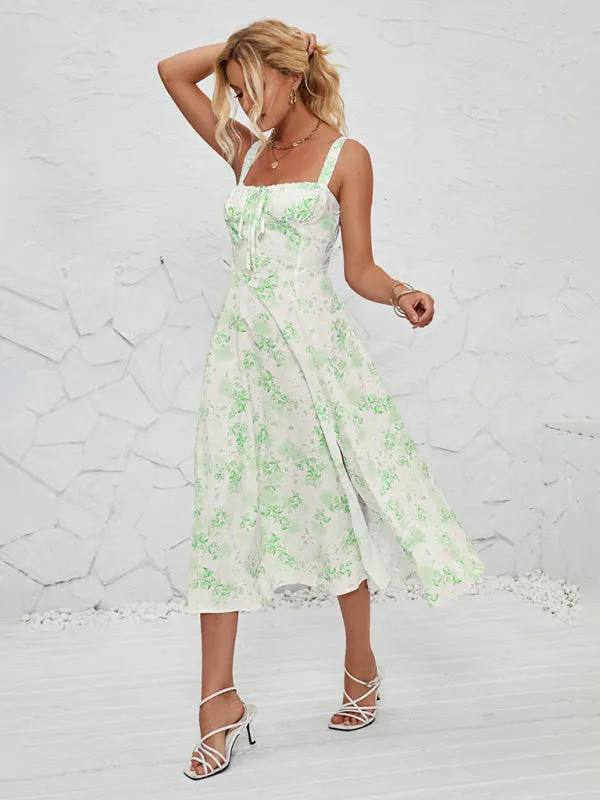 Floral Print Midi Dress with Square Neckline and Front Tie Detail