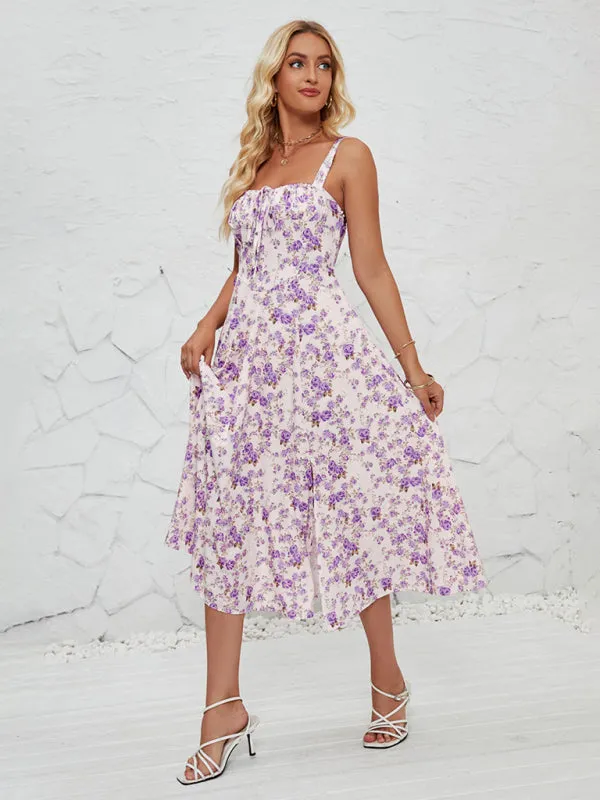 Floral Print Midi Dress with Square Neckline and Front Tie Detail