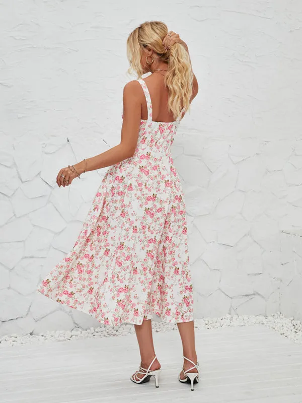 Floral Print Midi Dress with Square Neckline and Front Tie Detail
