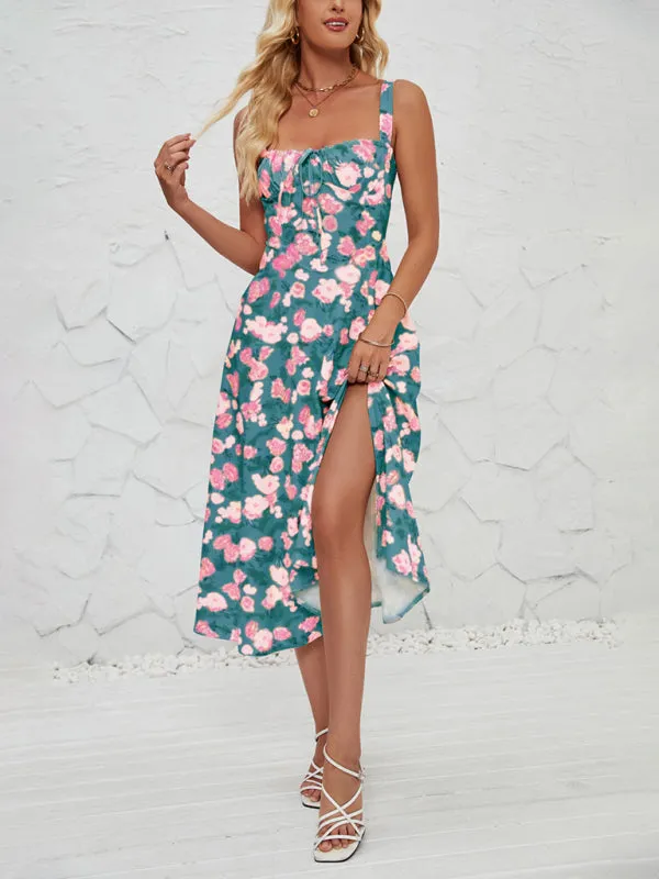 Floral Print Midi Dress with Square Neckline and Front Tie Detail