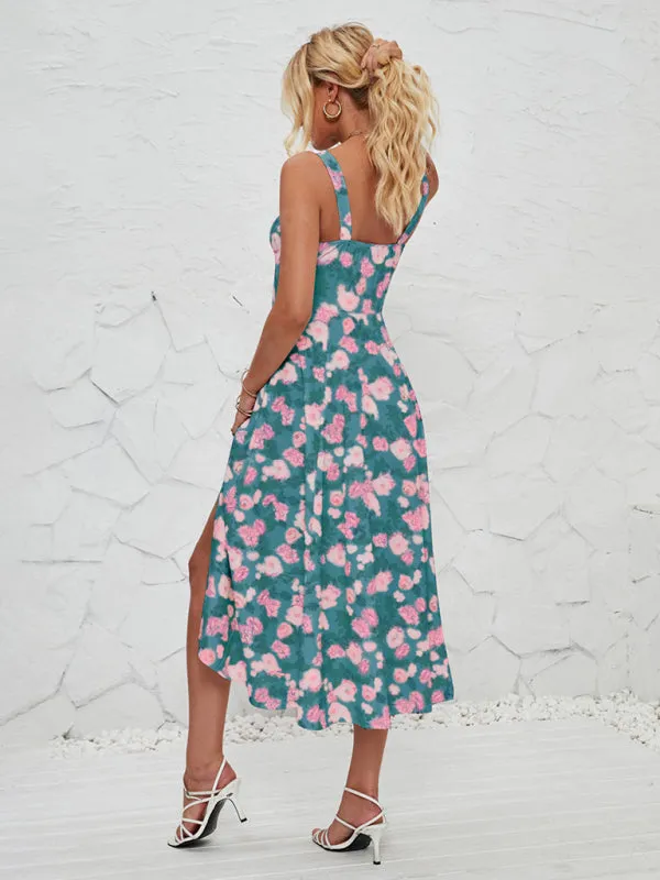 Floral Print Midi Dress with Square Neckline and Front Tie Detail