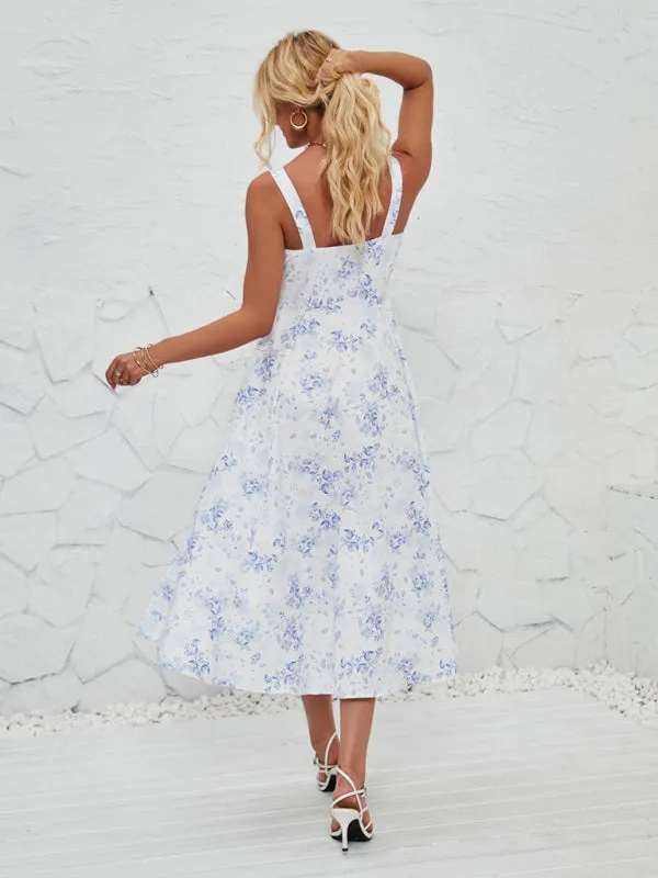 Floral Print Midi Dress with Square Neckline and Front Tie Detail