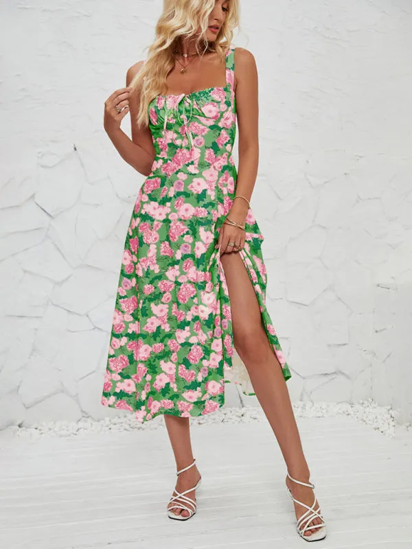 Floral Print Midi Dress with Square Neckline and Front Tie Detail